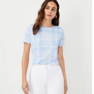 Ann Taylor Light Blue Plaid Pima Cotton Crew Neck Top